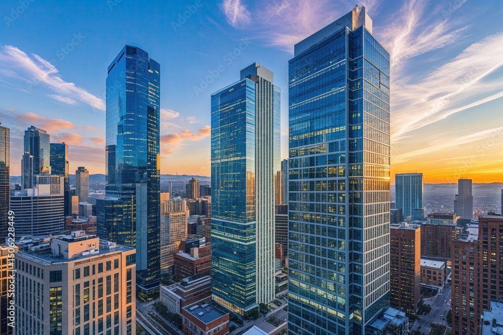 Obraz premium Dynamic Contemporary Skyscrapers in a Flourishing Urban Office Landscape