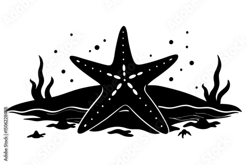 Starfish on Ocean Floor Seaweed and Sand Black and White Illustration Nautical Design Marine Life Aquatic Graphic