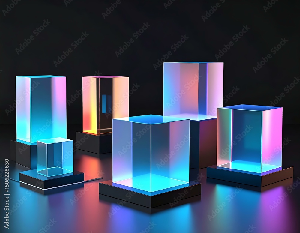 Neon Glass Cubes Display, Abstract Geometric, Colorful Blocks, Illuminated Platforms, Modern Design, Neon Glass Cubes Display, Abstract Geometric, Colorful Blocks, Illuminated Platforms, Modern Design,