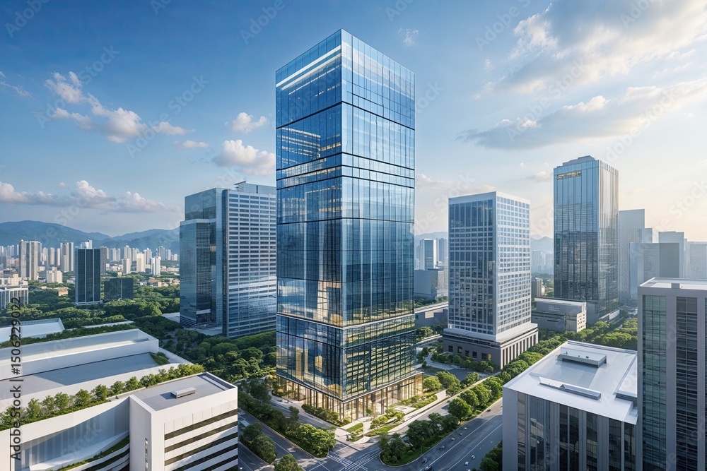 Obraz premium Futuristic Office Skyscraper with Shimmering Glass Exterior in Expanding Urban Environment and Vibrant Business Hub