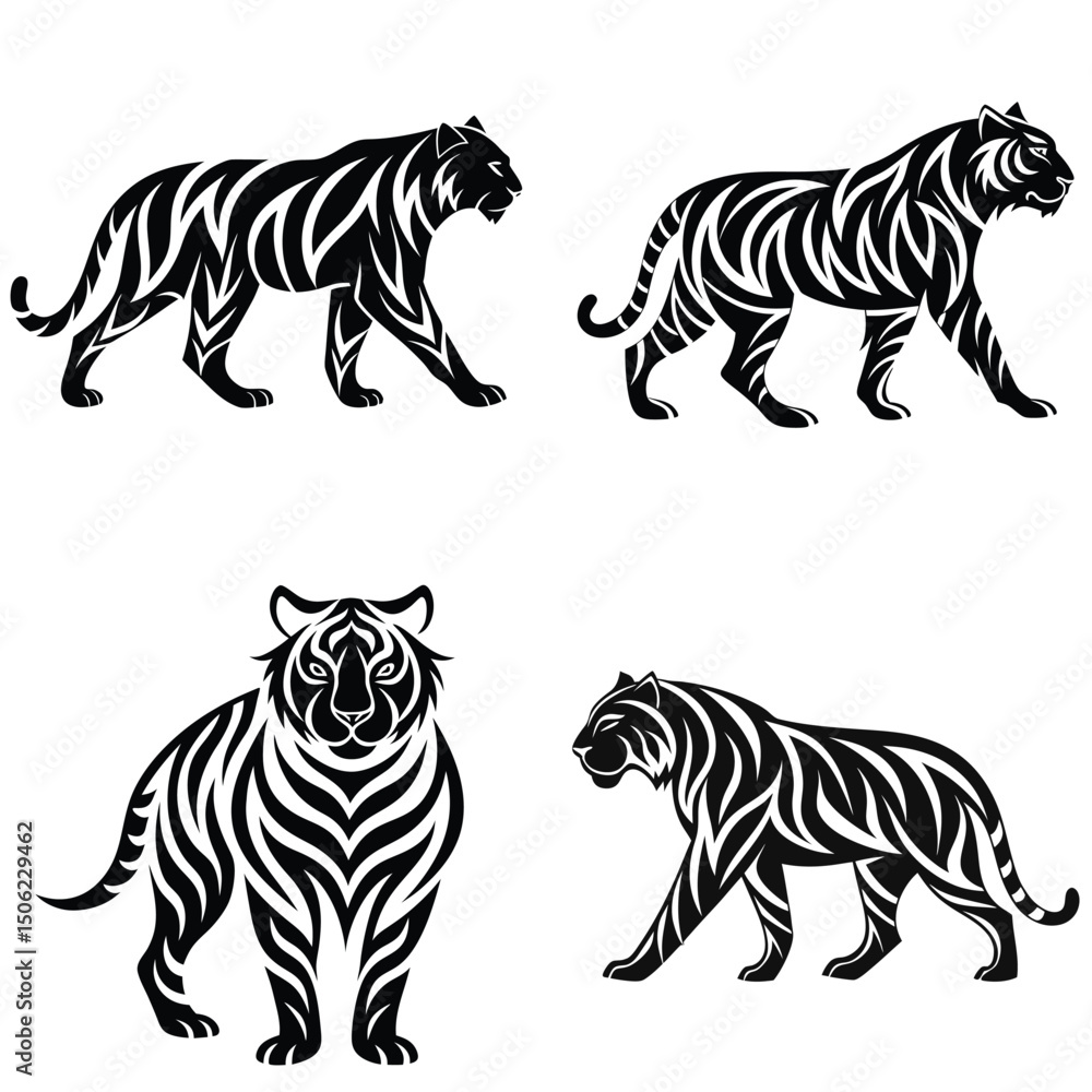 Obraz premium Four tiger illustrations in black and white showing different poses and perspectives on a white background