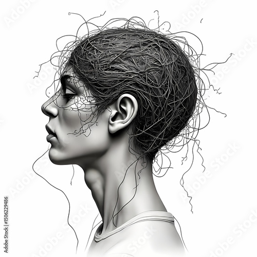 Tangled Thoughts: Human Head Illustration Representing Stress

