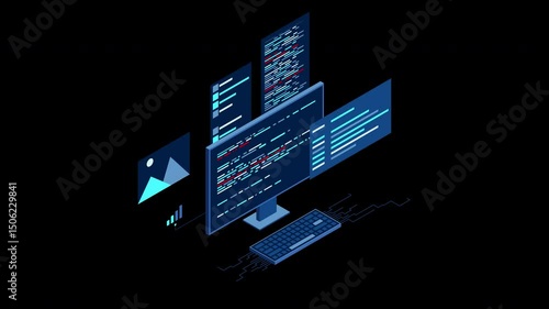 Isometric desktop computer. Coding programming technology. Programming concept. Technology animation. Transparent background with alpha channel