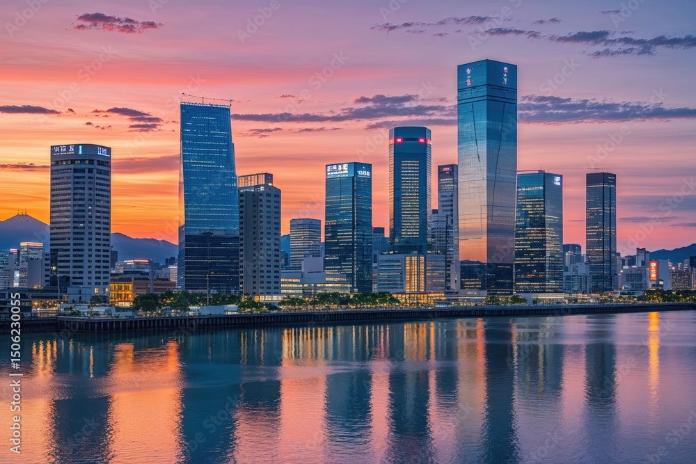 Naklejka premium Osaka Japan Sunset Reflections on Modern Skyscrapers by Calm Waterfront Urban Skyline