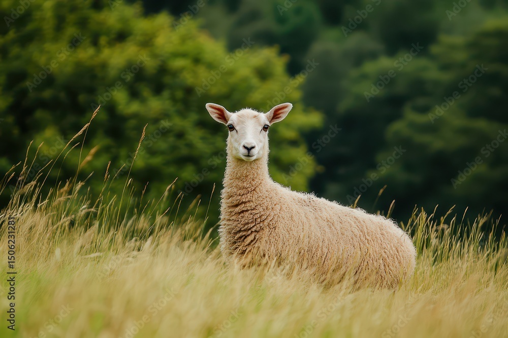 Fototapeta premium Young sheep standing in a green meadow