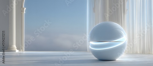 A minimalist futuristic smart speaker with a glowing light ring, placed on a clean white table in a bright sci-fi room. Elegant, modern, and perfect for tech or lifestyle content