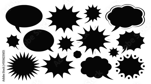 Vector assorted speech bubbles and starburst shapes arranged in a clustered graphic design element style layout on transparent background