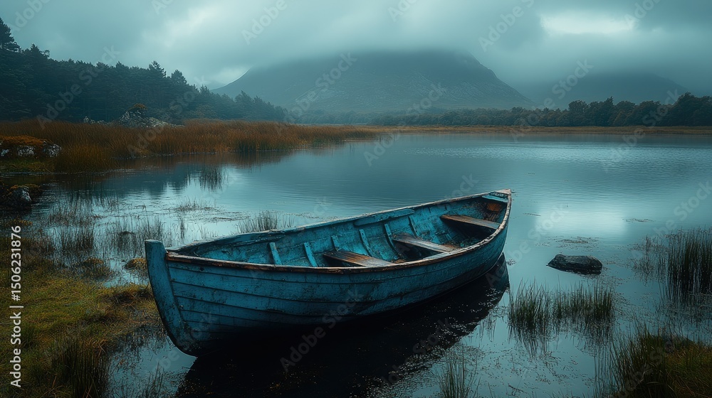 Fototapeta premium Tranquil lake scene with a weathered boat.