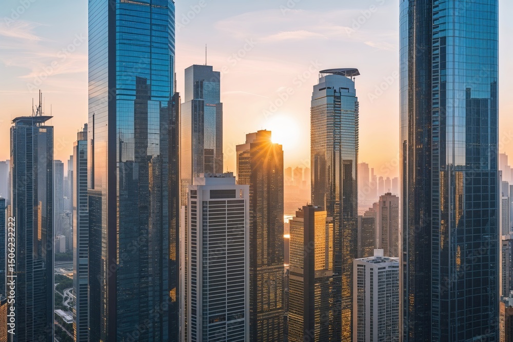 Fototapeta Shining Skyscrapers and Contemporary High-Rises Illuminating Urban Cityscape