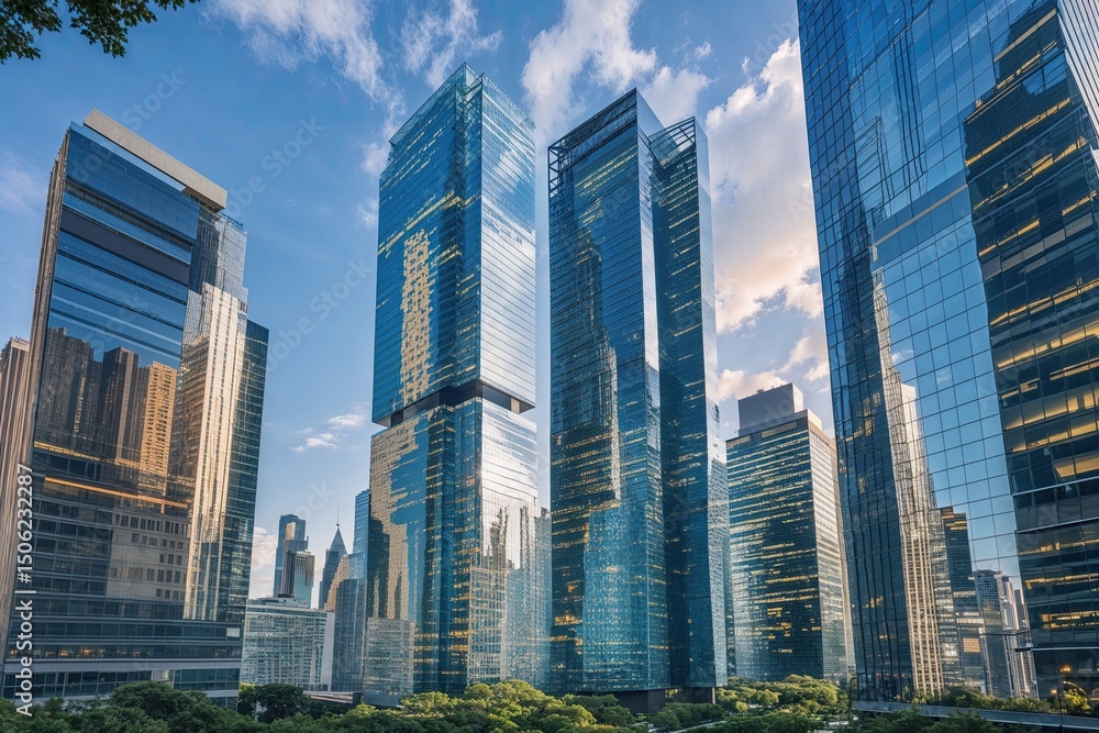 Obraz premium Contemporary Glass Skyscraper Complex Showcasing Urban Skyline and Dynamic City Vibe