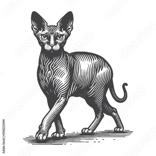 Vintage Hand-Drawn Sphynx Cat Walking Illustration – Hairless Pet Engraved Style Vector for T-Shirts, Posters, Stickers, and Feline Lover Themes Apparel