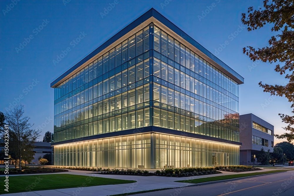 Obraz premium Modern Corporate Building with Glass Facade and Enhanced Lighting Design