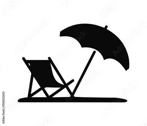 Summer beach chair and umbrella logo, foldable chair for relaxing Icon, Beach Chair and Umbrella Vector, Black Silhouette Summer Icon for Vacation and Outdoor Relaxation Design.
