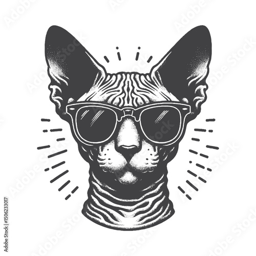 Vintage Hand-Drawn Sphynx Cat Head with Sunglasses Illustration – Stylish Pet Engraved Style Vector for T-Shirts, Posters, Stickers, and Feline Fashion Themes Apparel