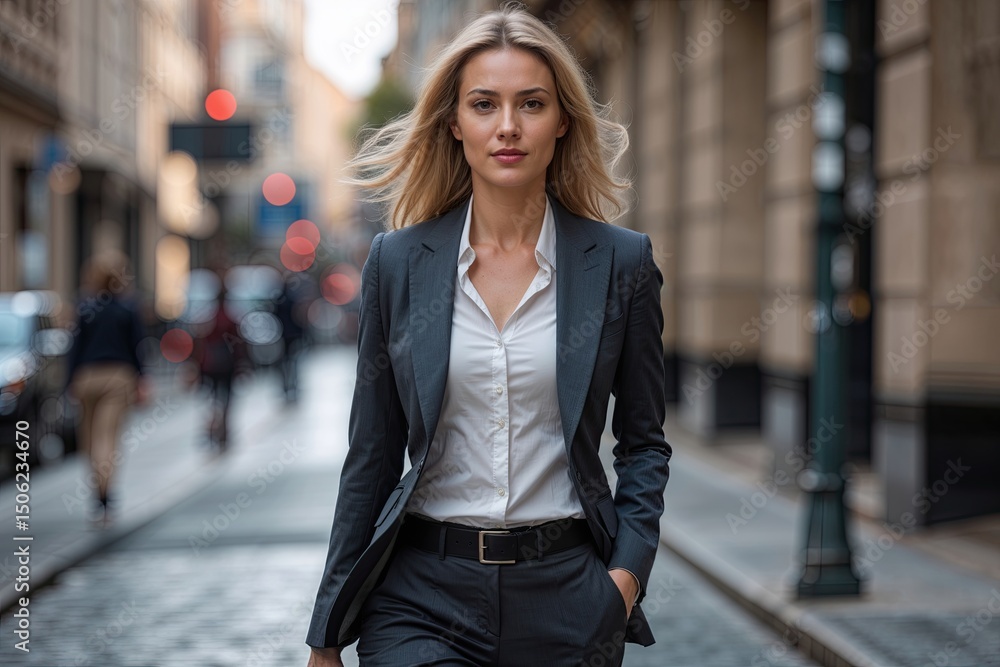 Fototapeta premium Confident Businesswoman in Blazer Walking Urban Streets