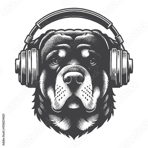 Vintage Hand-Drawn Rottweiler Head with Headphones Illustration – Cool Dog Engraved Style Vector for T-Shirts, Posters, Stickers, and Music Themes Apparel