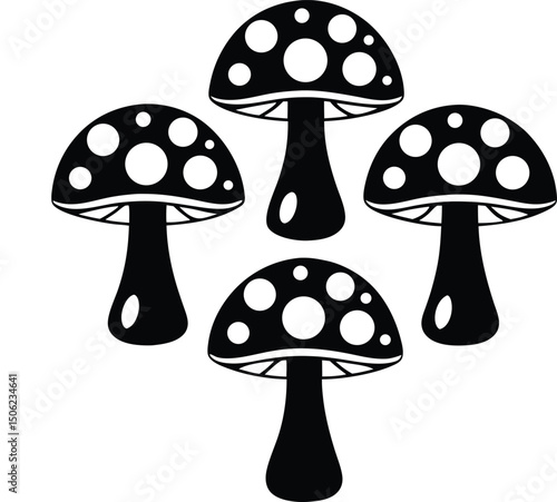 A symmetrical arrangement of four black and white spotted mushrooms on a white background graphic