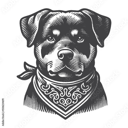 Vintage Hand-Drawn Rottweiler Wearing Bandana Illustration – Stylish Dog Engraved Style Vector for T-Shirts, Posters, Stickers, and Cool Themes Apparel