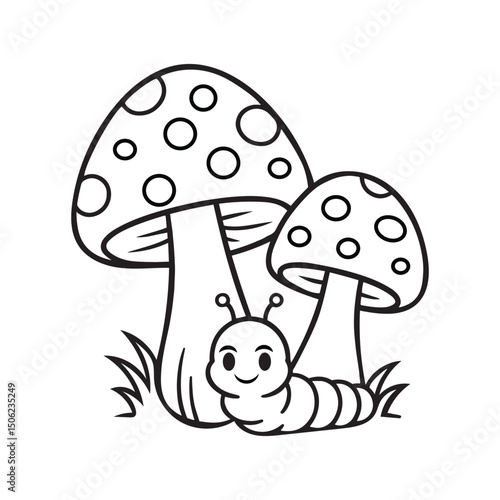 cute caterpillar with mushrooms coloring page, whimsical nature illustration for kids, black and white line art
