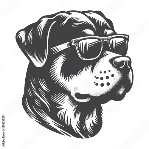 Vintage Hand-Drawn Rottweiler Head Wearing Glasses Illustration – Stylish Dog Engraved Style Vector for T-Shirts, Posters, Stickers, and Hipster Themes Apparel