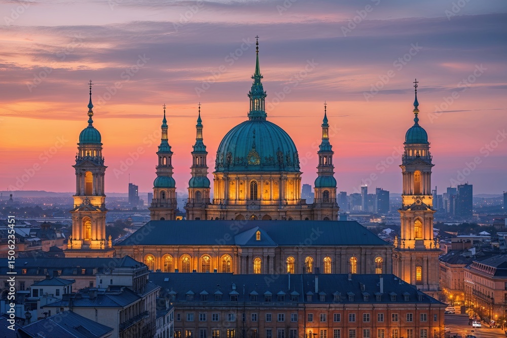Naklejka premium Stunning Sunset Architecture in the Vibrant Skyline of a Cultural City