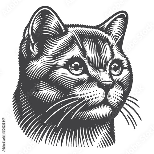 Vintage Hand-Drawn British Shorthair Head Side View Illustration – Classic Cat Engraved Style Vector for T-Shirts, Posters, Stickers, and Pet Themes Apparel
