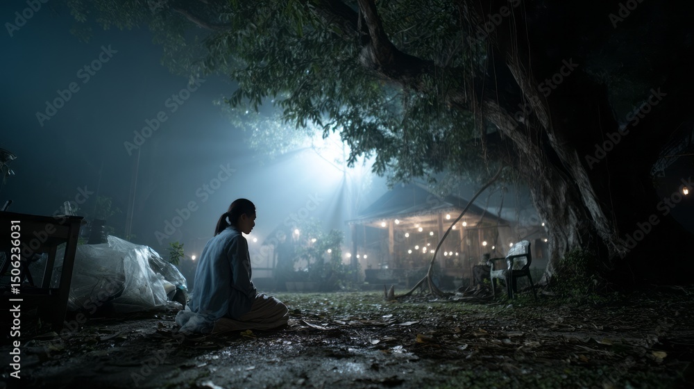 Obraz premium a woman is sitting in garden at night.