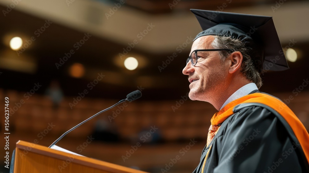 Fototapeta premium Graduation Speaker at Podium Addressing Audience