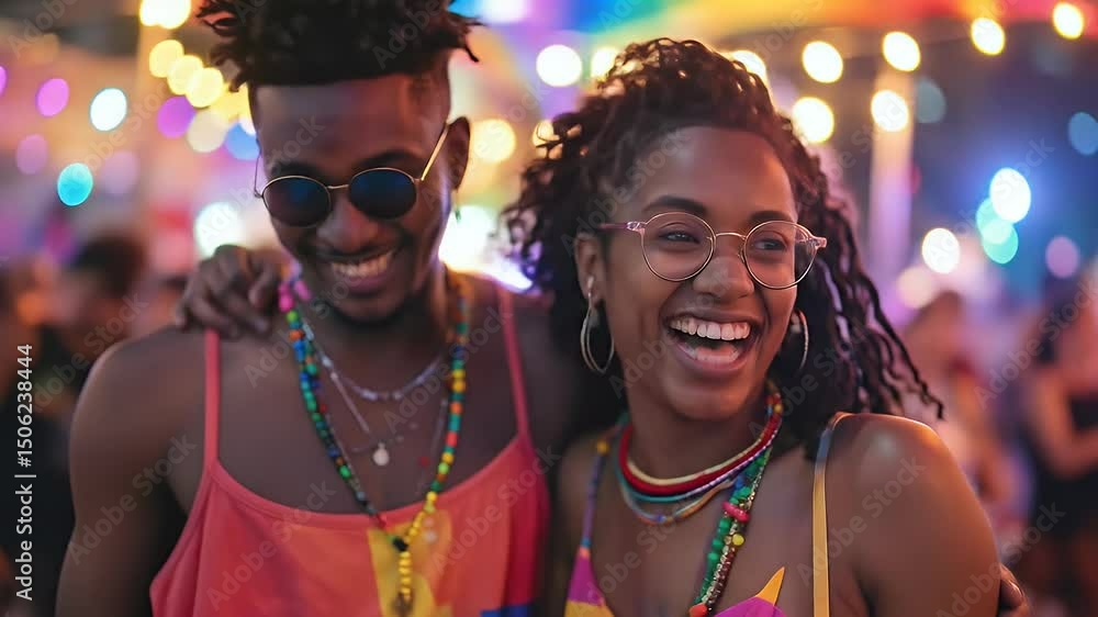 Two people laughing at a vibrant outdoor party Two people laughing at a vibrant outdoor party