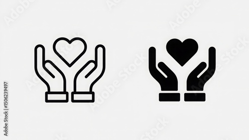 Two hands holding a heart icon in outline and solid fill on a white background side by side