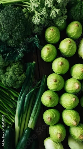 Fresh green vegetables assortment includes broccoli, cabbages, zucchini, asparagus, spinach and leeks arranged on a dark wooden background.