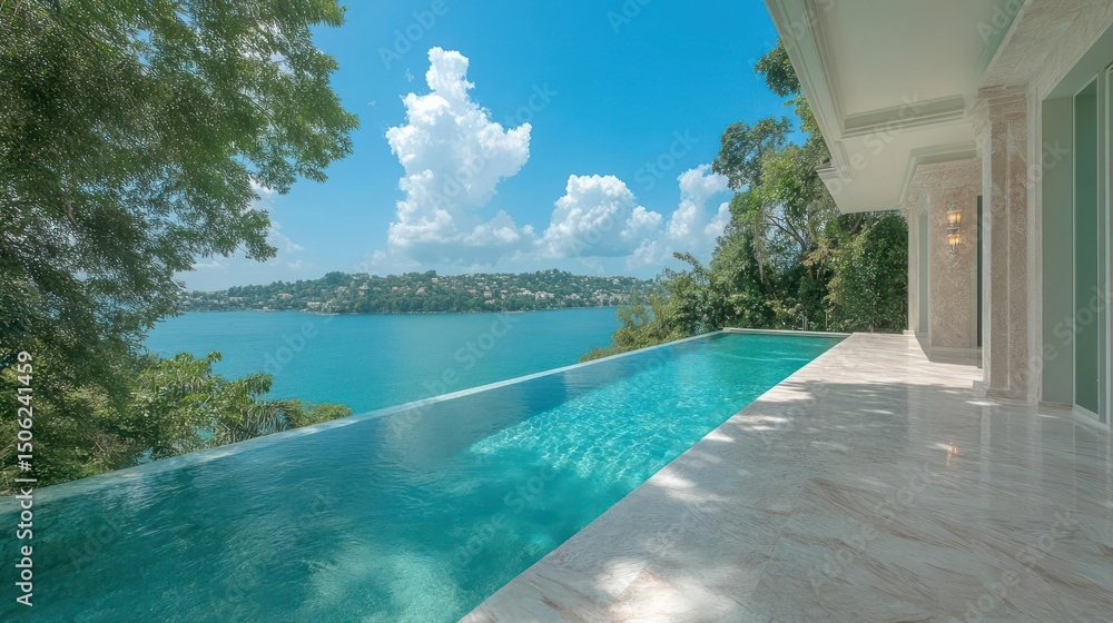 Fototapeta premium Luxury infinity pool overlooking tropical ocean bay.