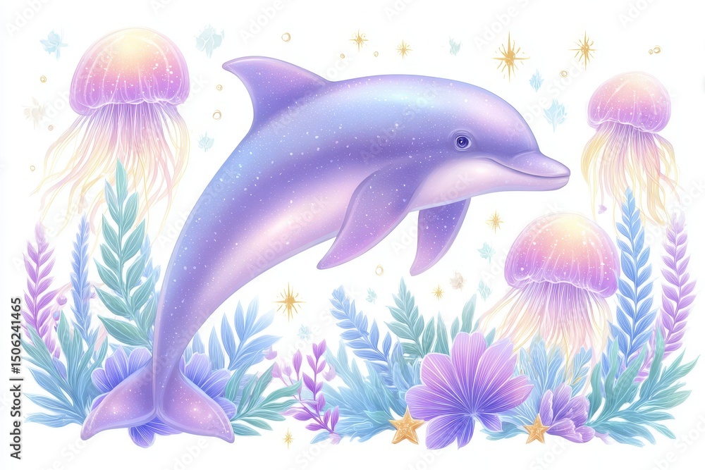 Obraz premium Playful Pastel Dolphin Leaps Among Iridescent Jellyfish and Underwater Flora