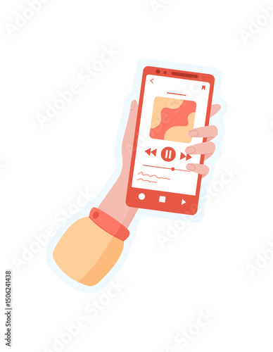 Sticker of hand holding phone. Graphic representation of smartphone in palm. Digital application on screen, mobile media access, potential for social interaction and online engagement.