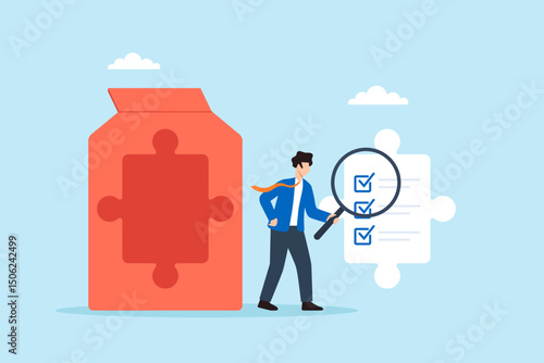 Flat illustration of quality control manager using magnifying glass to find missing checklist piece in puzzle shaped product