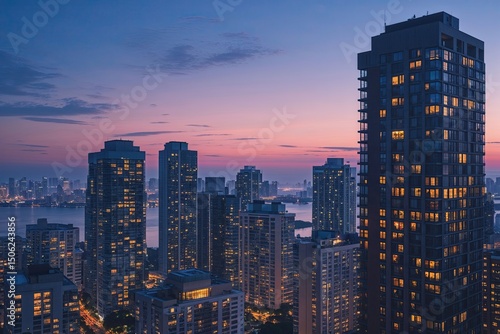 Dusk Light Illuminates Urban Highrise Facades in Peaceful City Evening
