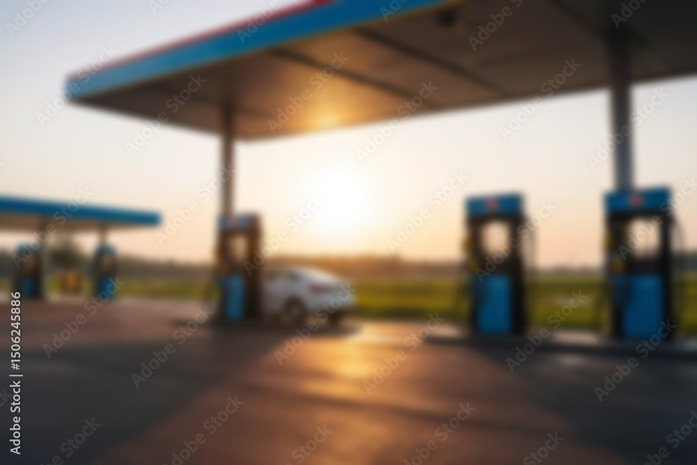 Fototapeta premium Blurred gas station, with a clear sky in the afternoon showing the sunset, without any people, with a blurry gas station in the background.