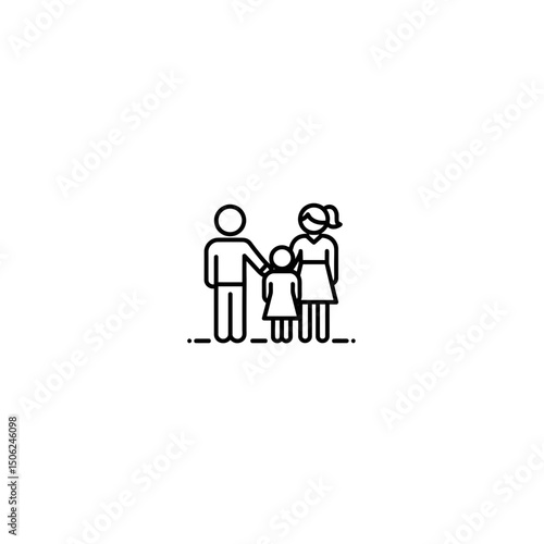 Family of four standing together in a simple line art style  