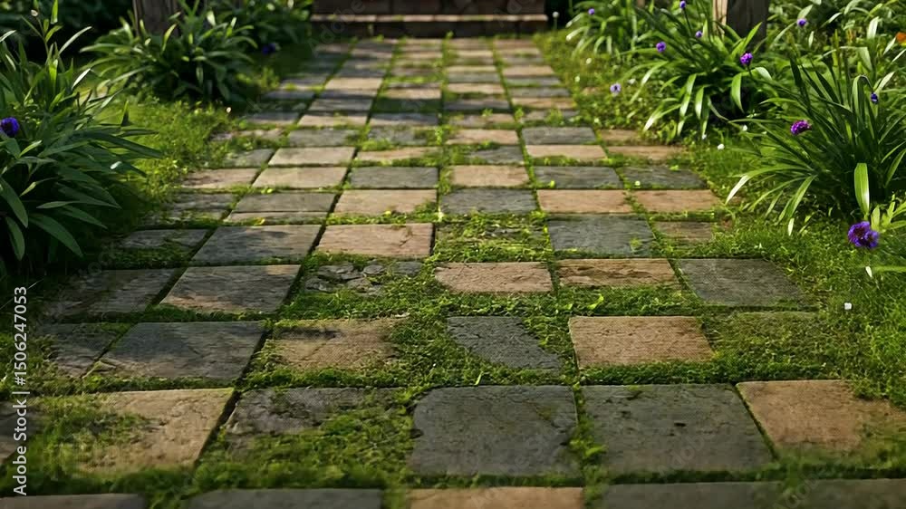 Sun-Dappled Stone Path with Lush Greenery Sun-Dappled Stone Path with Lush Greenery