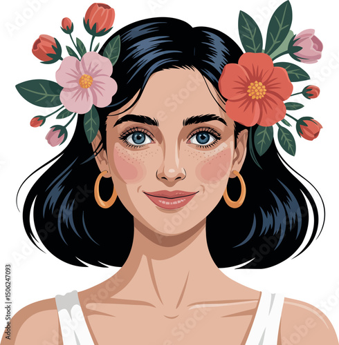 A beautiful woman is pictured with vibrant flowers adorning her dark hair. 
