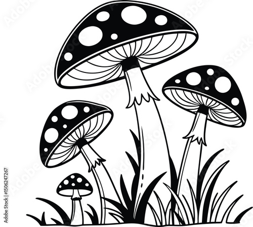 A black and white illustration of several mushrooms growing in a patch of grass on a white background