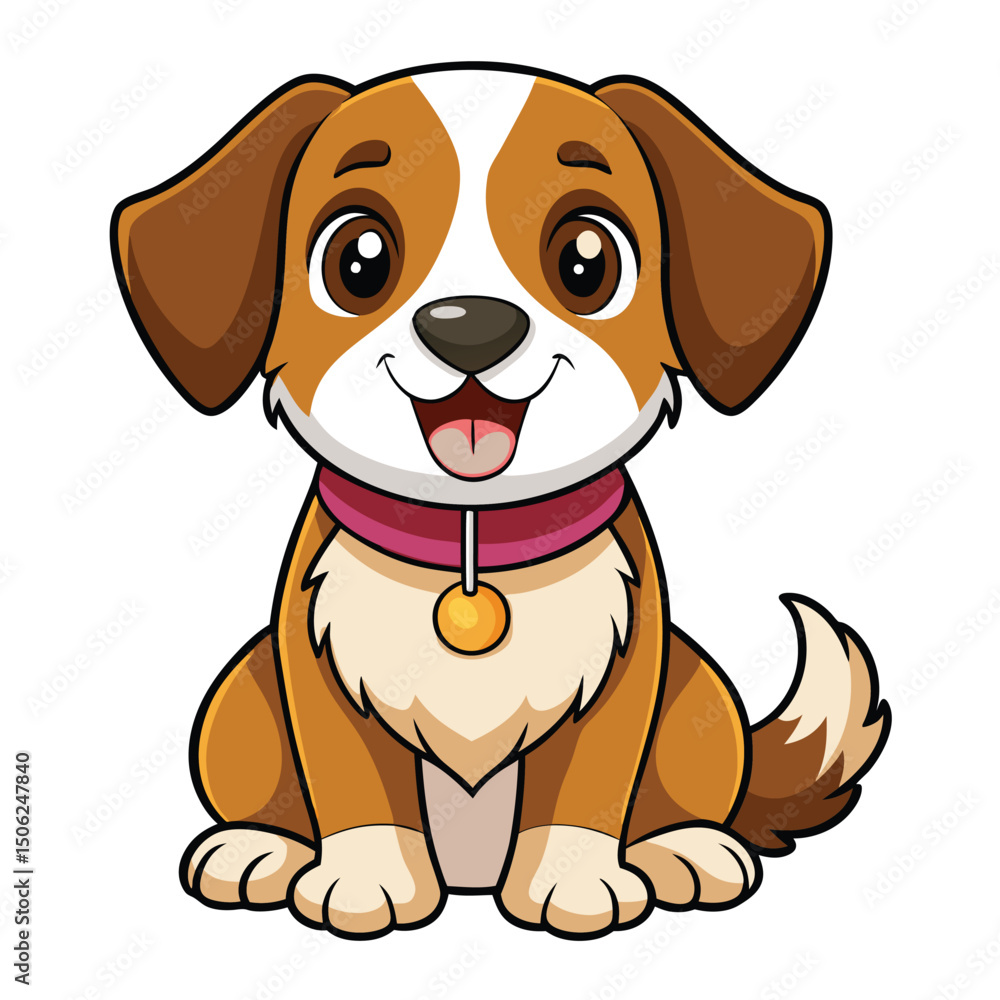 Fototapeta premium A cheerful puppy with brown and white fur and floppy ears sits with its tongue slightly out, wearing a studded collar a white background.