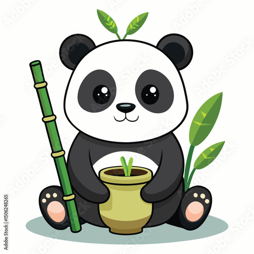 A cute baby panda sits holding a bamboo stalk and a pot filled with bamboo shoots with white background