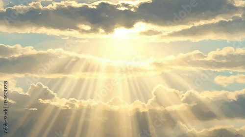 Golden sunlight streams through beautiful puffy clouds, creating a heavenly scene and illuminating the sky above.watercolor