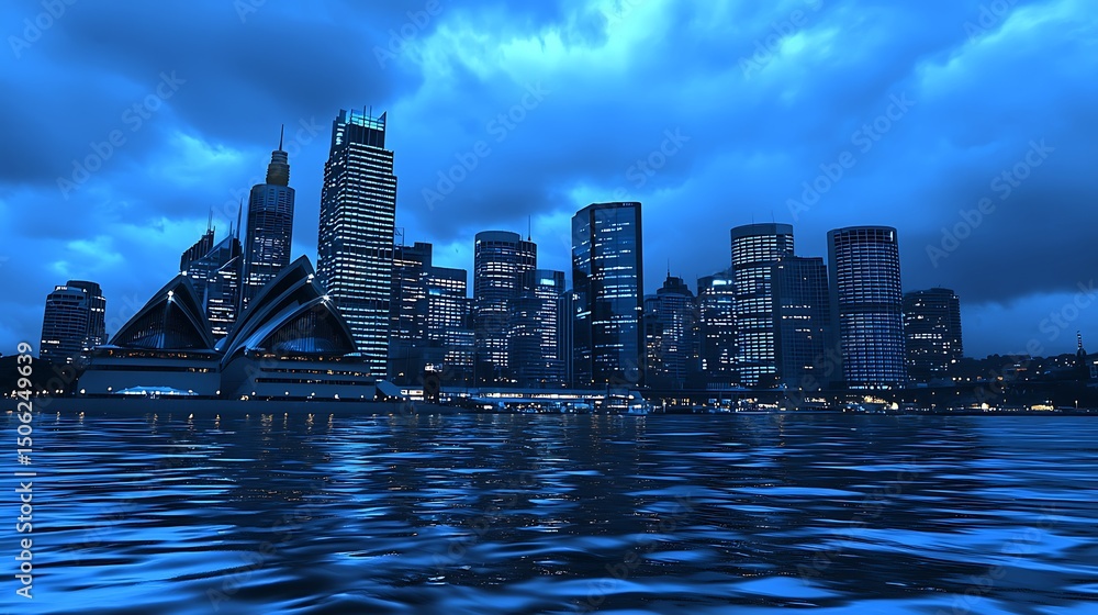Fototapeta premium Dark blue city skyline at dusk