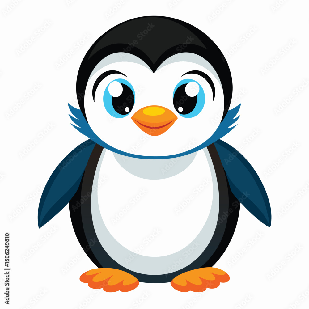 Obraz premium A fluffy baby penguin with bright blue eyes and orange feet stands looking forward with white background