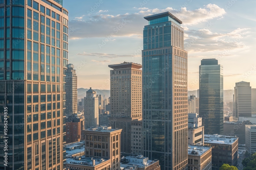 Fototapeta premium Scenic Overlook of Eye-Catching Office Buildings Amidst Fresh Skies and Bustling Urban Life