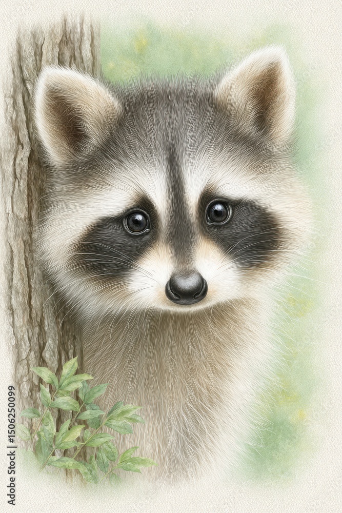 Obraz premium Young Raccoon Portrait Pastel Wildlife Painting
