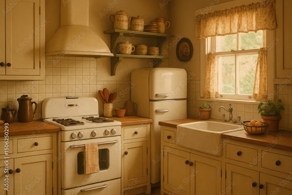 Fototapeta premium Charming Vintage Style Kitchen Interior with Classic Appliances and Decor