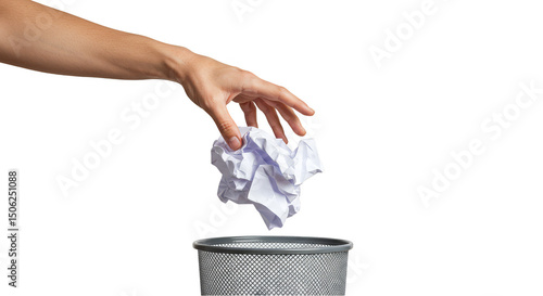 Hand Throwing Away Crumpled White Paper Into Trash Bin On Black Background